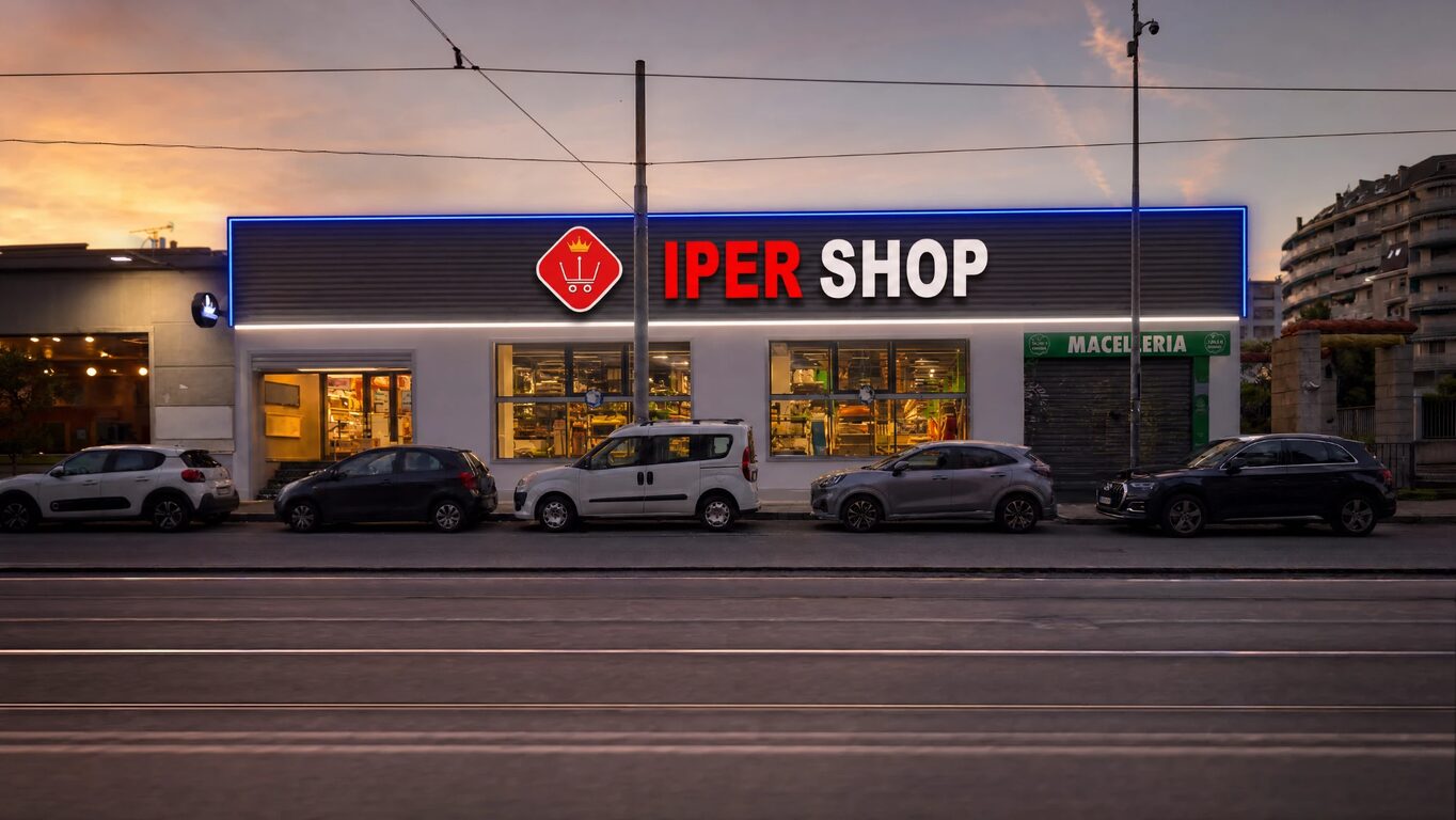 L'insegna illuminata di un punto vendita Iper Shop all'imbrunire, vista dalla strada.